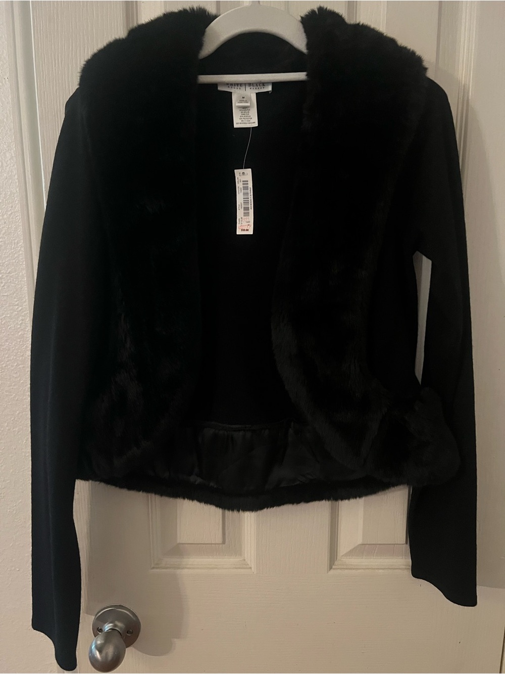 White House Black Market Black Sweater Jacket with Faux Fur Trim